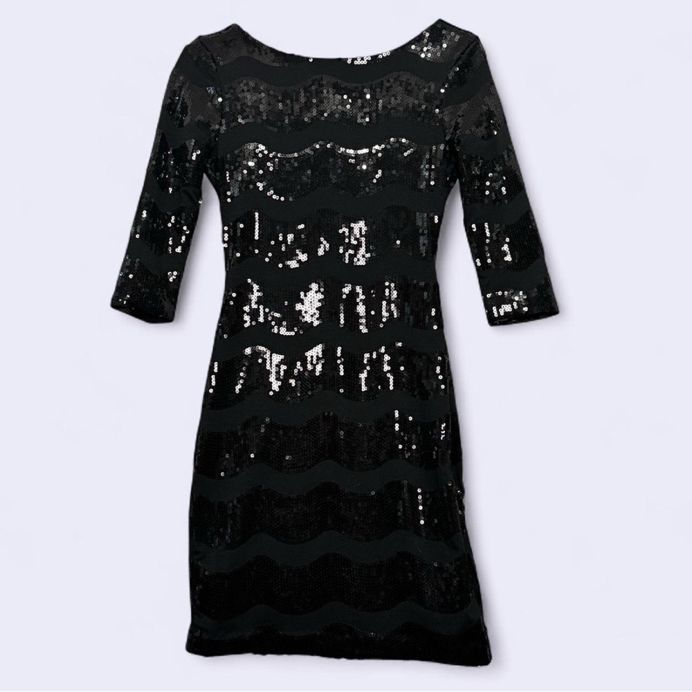 Charlotte Russe Black Sequin Bodycon‎ Mini XS Dress 3/4 Sleeve Night Party Glam
